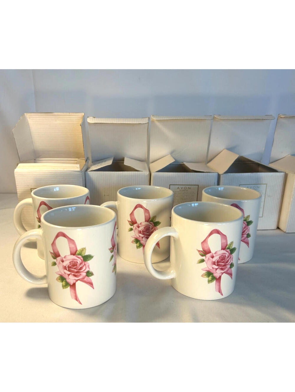 Vintage Avon Breast Cancer Awareness Mug Pink Ribbon Rose Love Cup Lot of 5